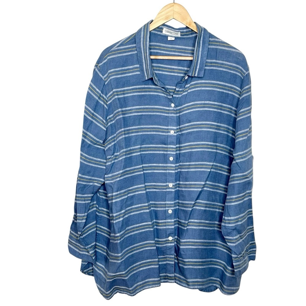 Coldwater Creek Striped Linen Button Up Shirt Blue Womens Size 2X Long Sleeve